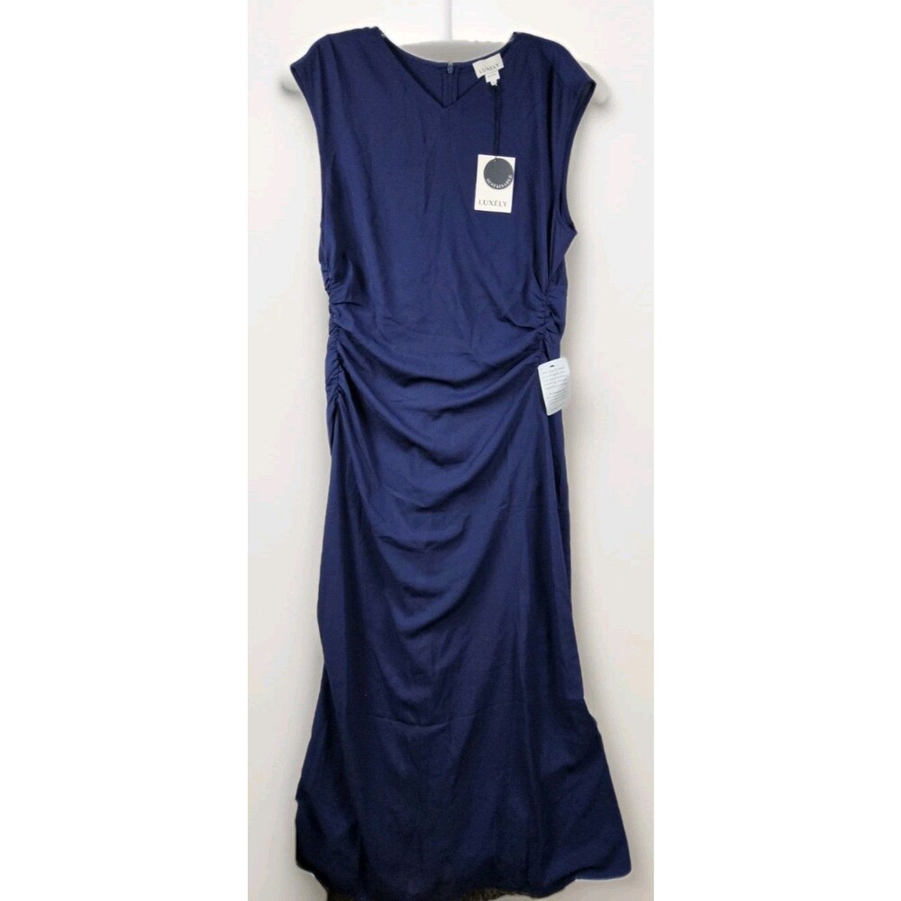 Luxely Women's Sleeveless Ruched V Neck Dress Navy Size 16